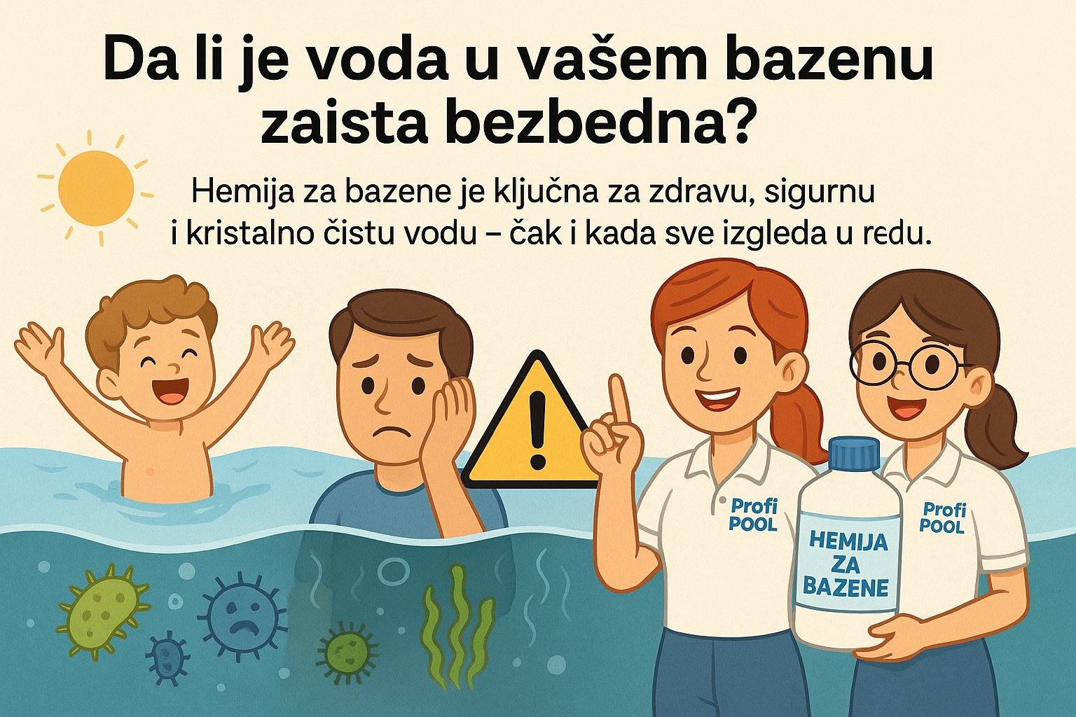 Infografika o bezbednosti bazenske vode sa ilustracijom dece u bazenu i promotorkama hemije za bazene iz ProfiPOOL-a
