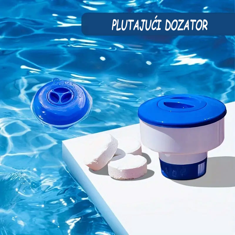Plutajući dozator za hlor u upotrebi uz hlor tablete pored bazena