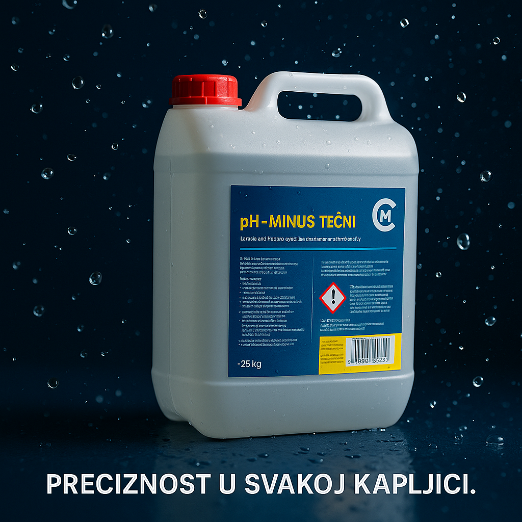 Promotivna ilustracija proizvoda pH minus tečni, prikazanog u ambalaži sa naglaskom na njegovu ulogu u snižavanju pH vrednosti vode u bazenu.