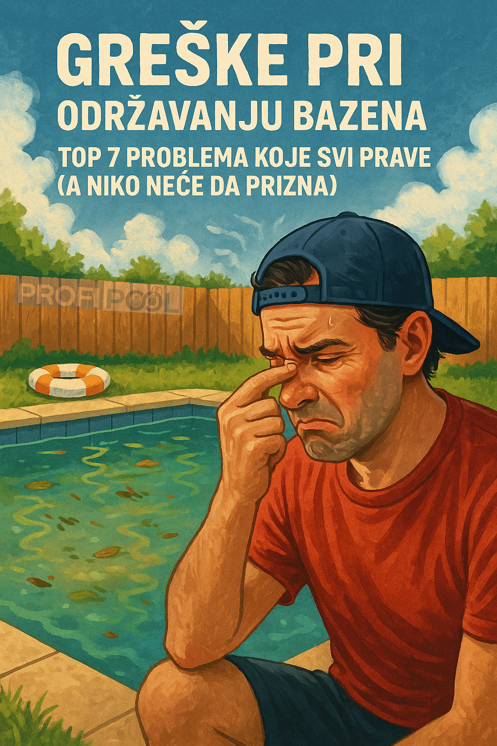Ilustracija muškarca koji reaguje na neprijatan miris mutne vode u bazenu – greške pri održavanju bazena