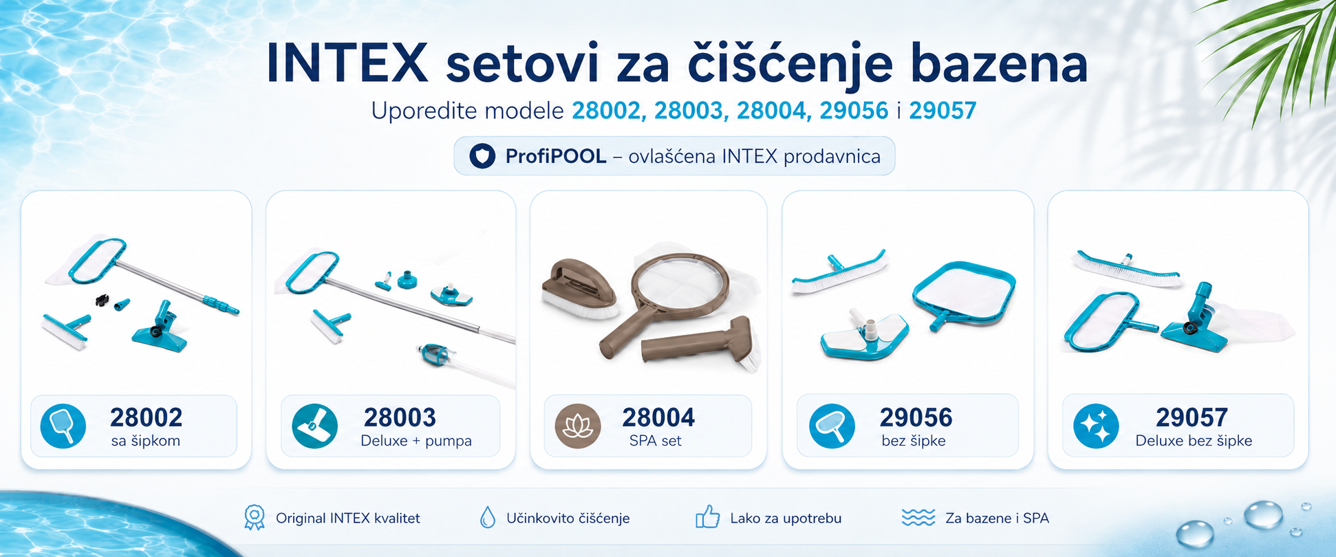 INTEX setovi za čišćenje bazena 28002, 28003, 28004, 29056 i 29057 prikazani u uporednom banneru za izbor pribora za održavanje bazena i SPA kada.
