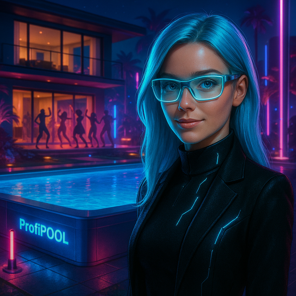 Mlada žena sa plavom kosom i naočarima stoji ispred osvetljenog bazena sa natpisom ProfiPOOL, dok se u pozadini odvija noćna žurka u luksuznoj vili.
