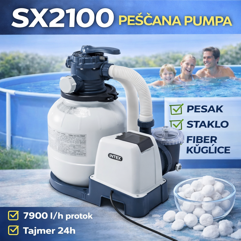 Intex peščana pumpa SX1500 uz bazen – filtracija sa peskom, staklom ili fiber kuglicama, protok 5700 l/h i 24h tajmer