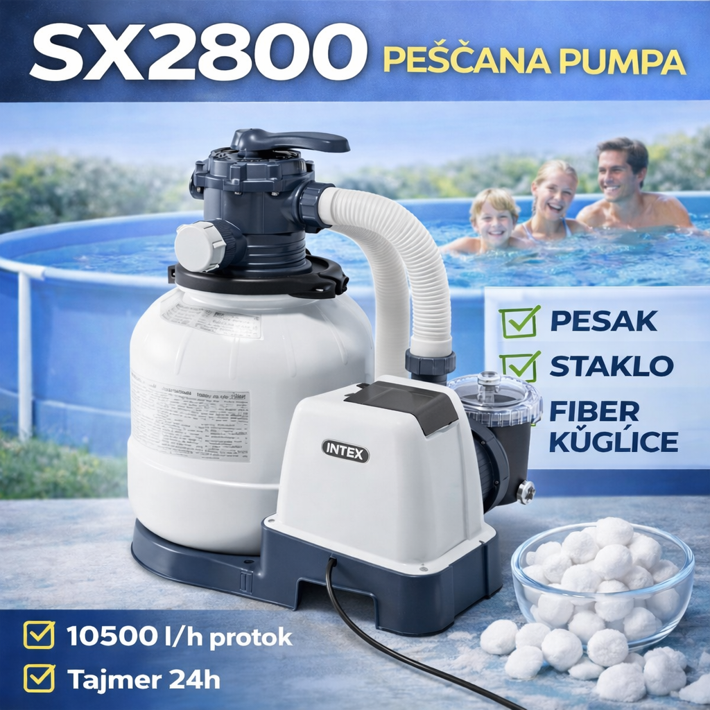 INTEX SX2800 peščana pumpa za bazen – 10500 l/h, tajmer 24h, pesak/staklo/fiber