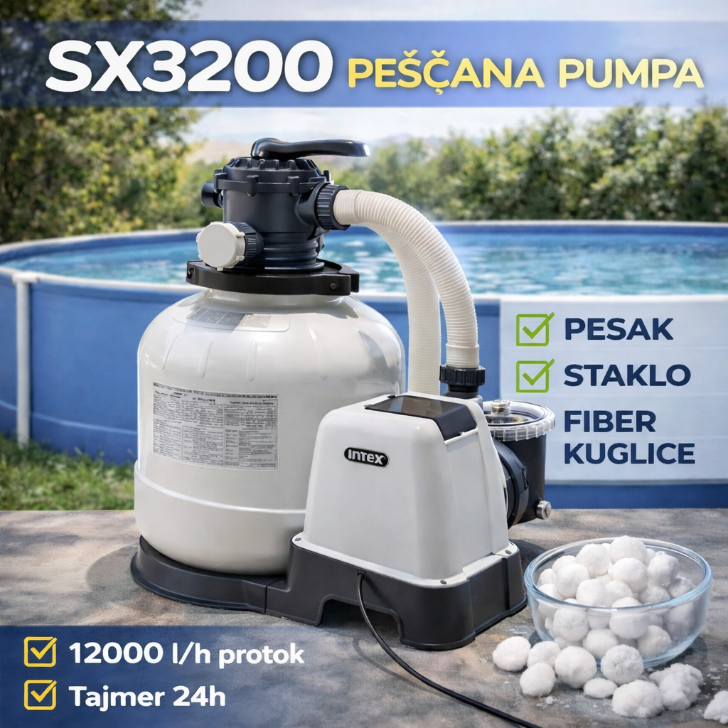 INTEX SX3200 peščana pumpa za bazen – 12000 l/h, tajmer 24h, pesak/staklo/fiber