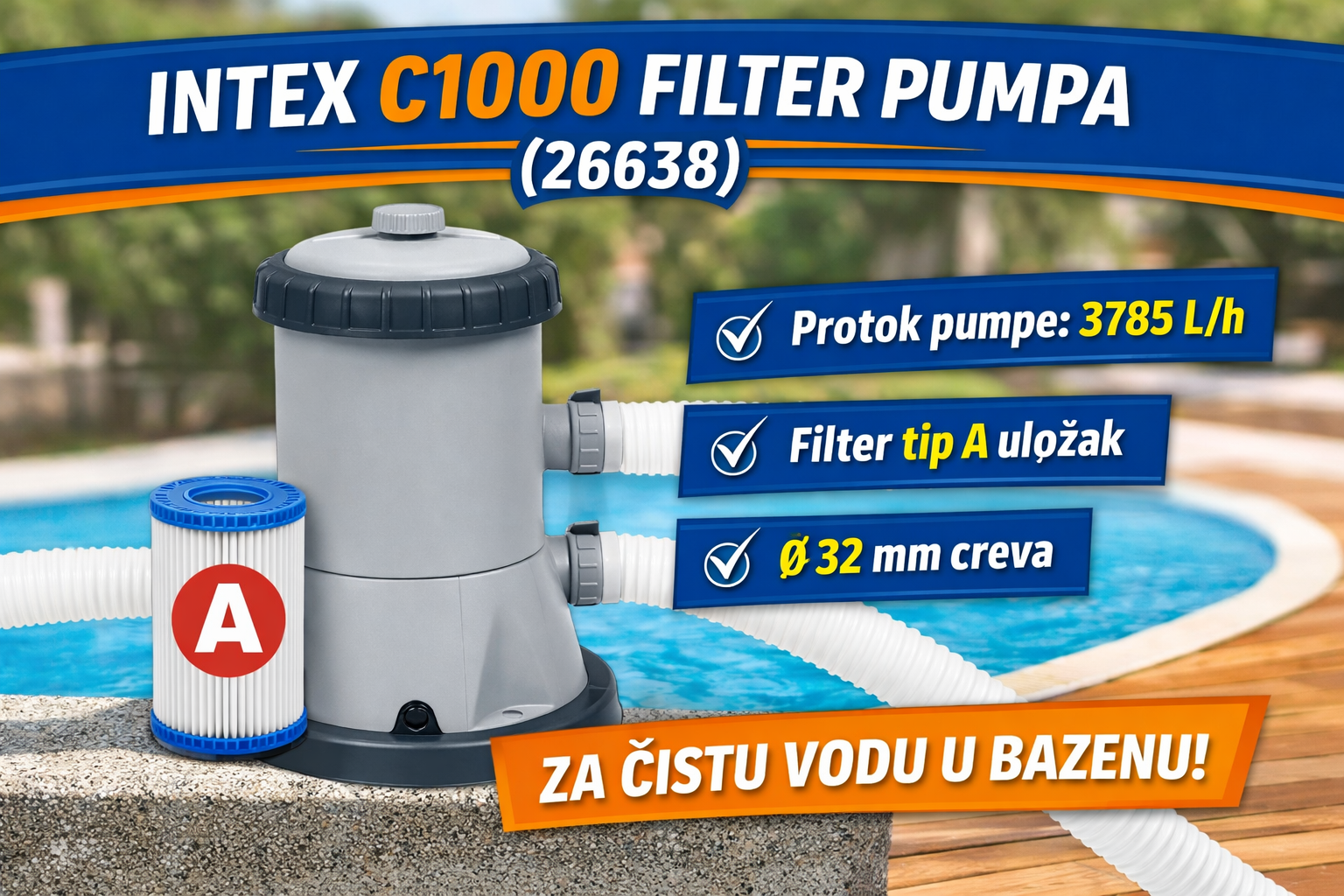 INTEX C1000 filter pumpa (26638) pored bazena sa prikazom specifikacija: protok 3785 L/h, filter tip A uložak i Ø32 mm creva.