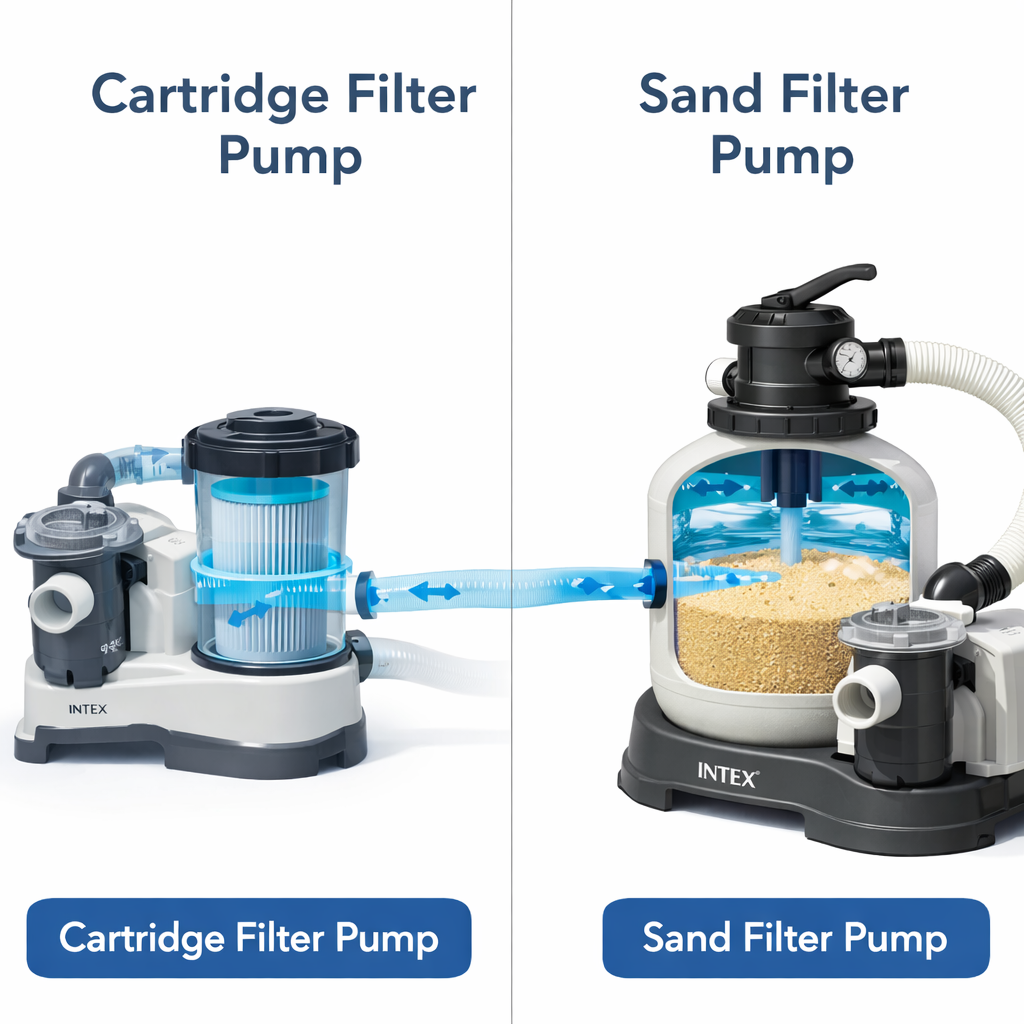 Poređenje INTEX kertridž filter pumpe (C serija) i INTEX peščane pumpe (SX serija) za bazene – prikaz razlike u tipu filtracije