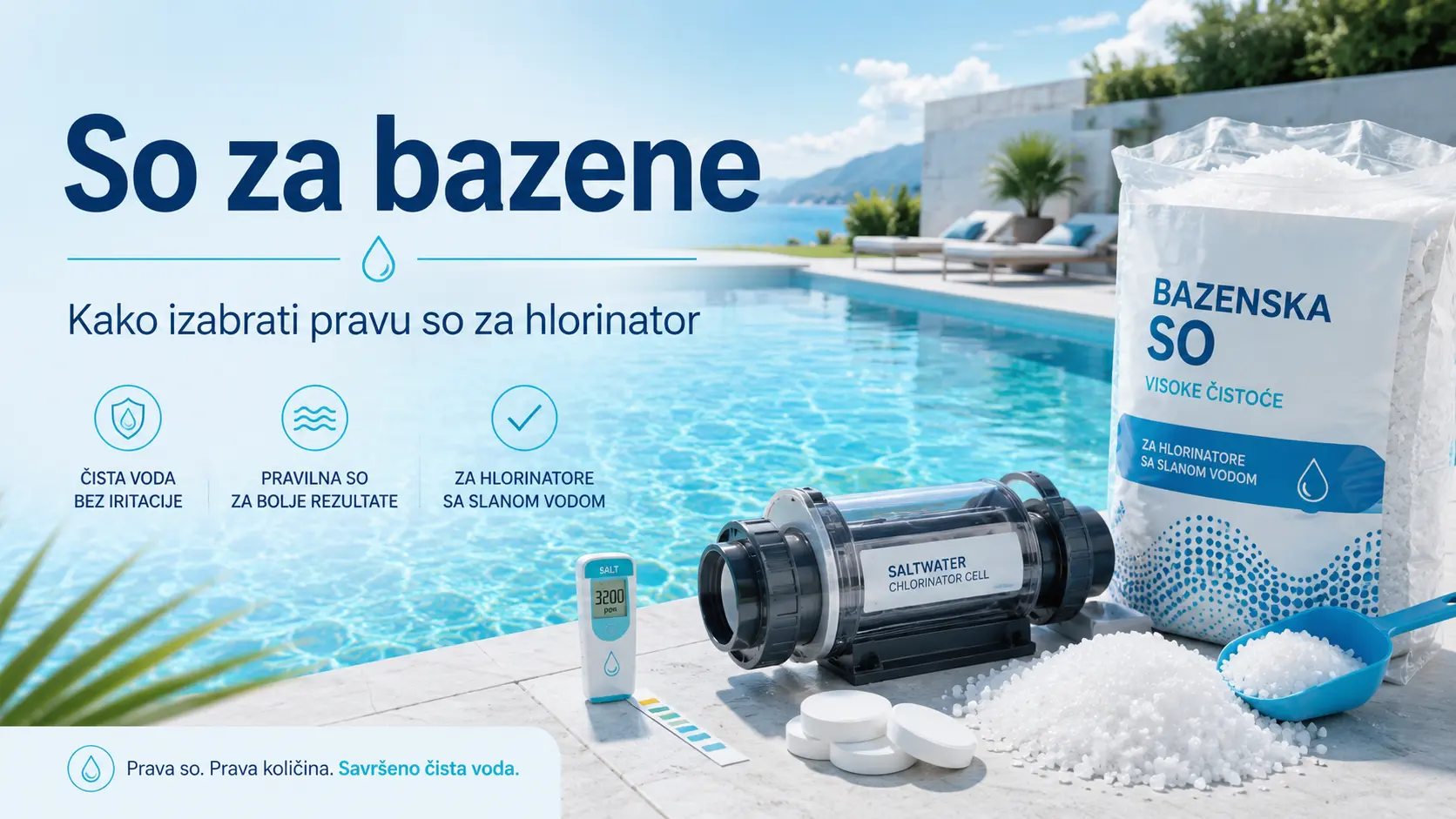 So za bazene za hlorinator pored bazena sa testerom za so i kristalno čistom vodom