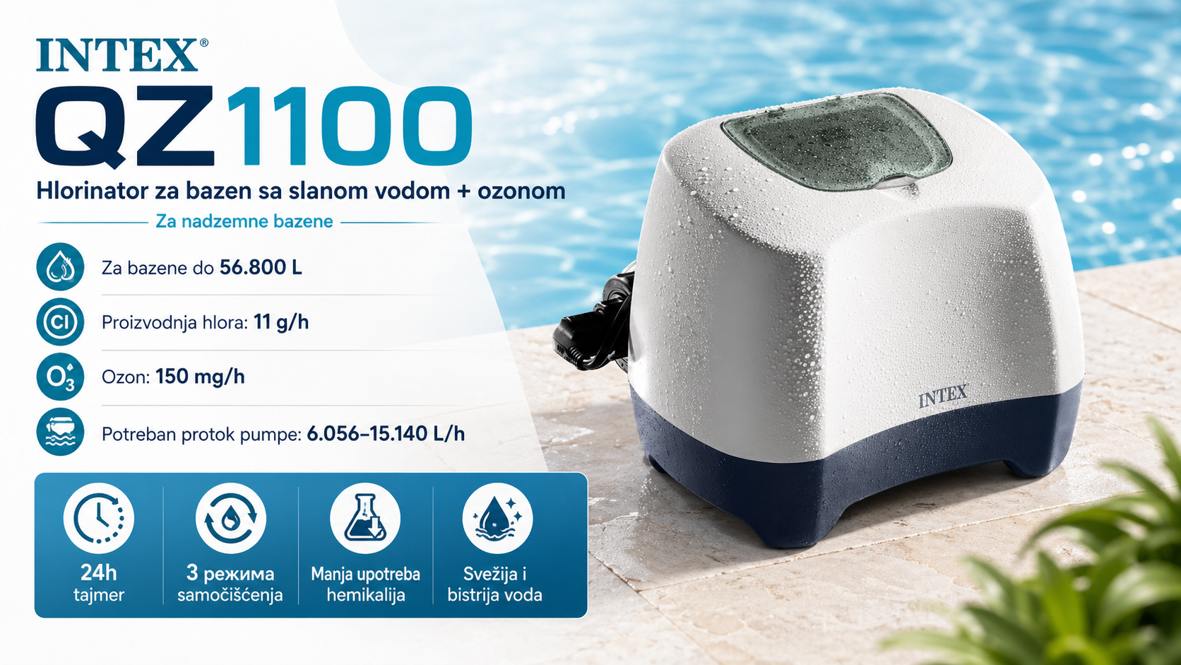 Intex QZ1100 hlorinator za bazen sa slanom vodom i ozonom za nadzemne bazene do 56.800 L