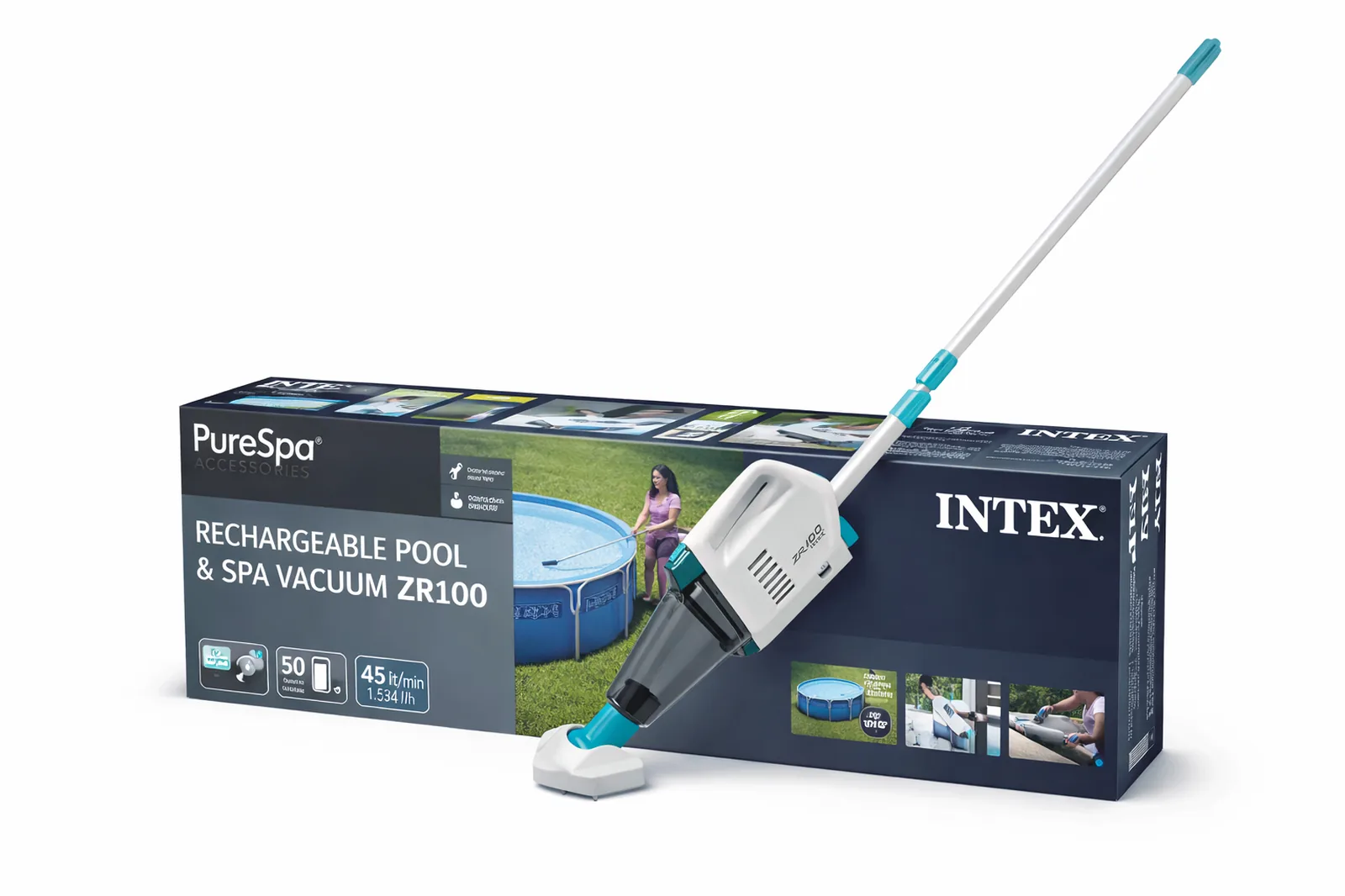 INTEX ZR100 bežični usisivač za bazen naslonjen na originalnu kutiju proizvoda