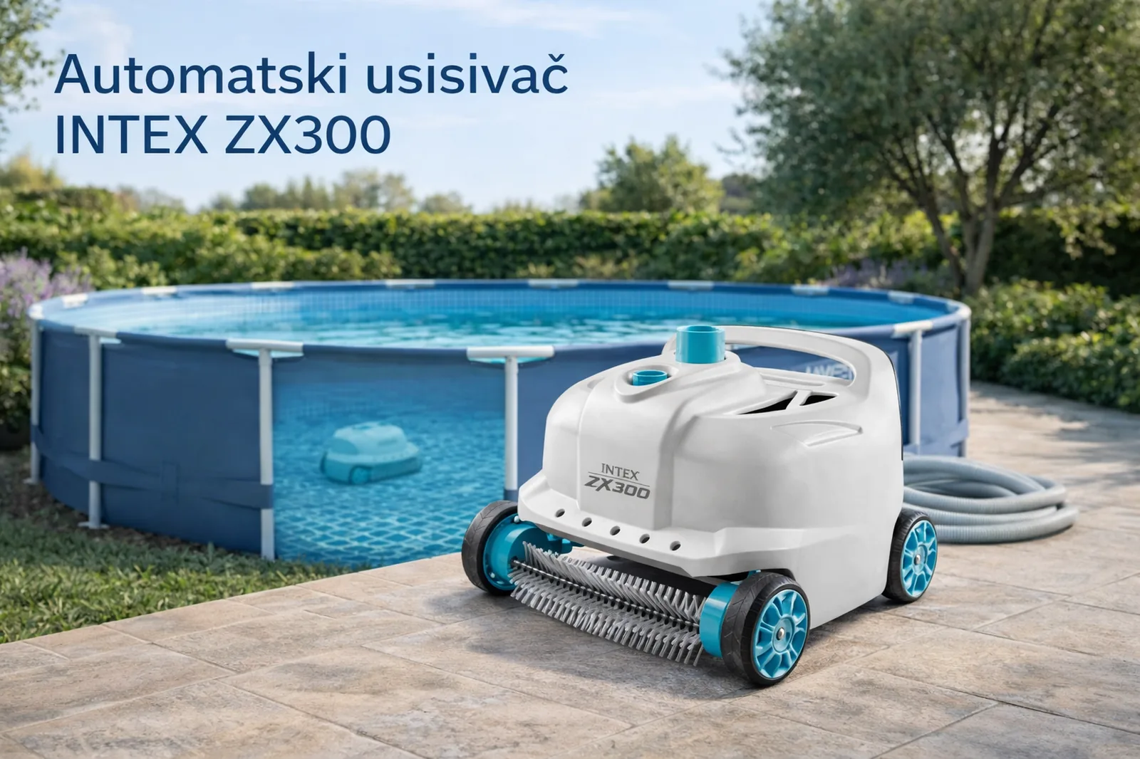 INTEX ZX300 automatski usisivač za bazen pored montažnog bazena u uređenom dvorištu